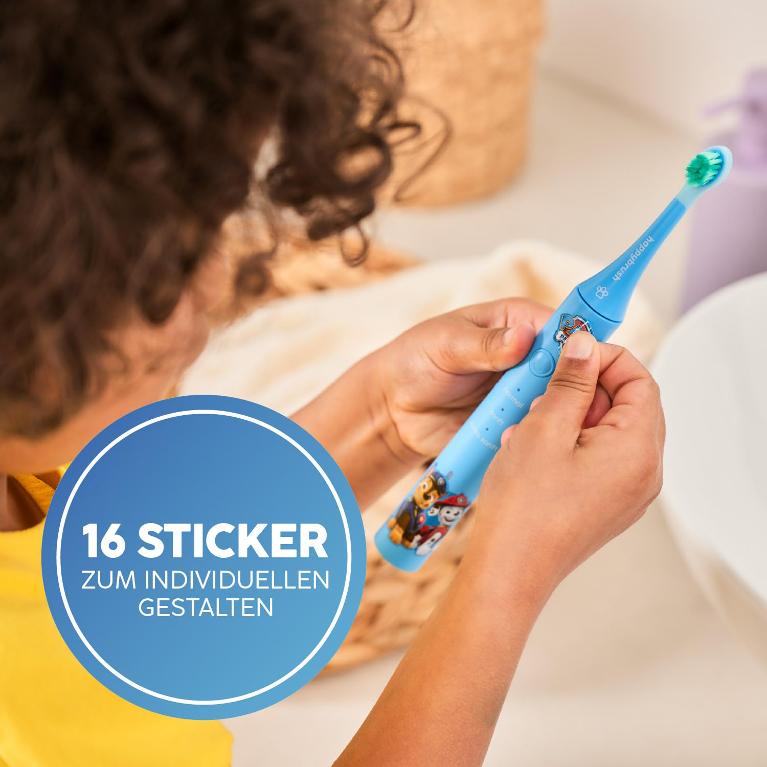 happybrush Eco Vibe Kids - Cepillo de dientes eléctrico para niños a partir de 3 años, con pegatinas, batería de 4 semanas, incluye 6 cabezales, color azul