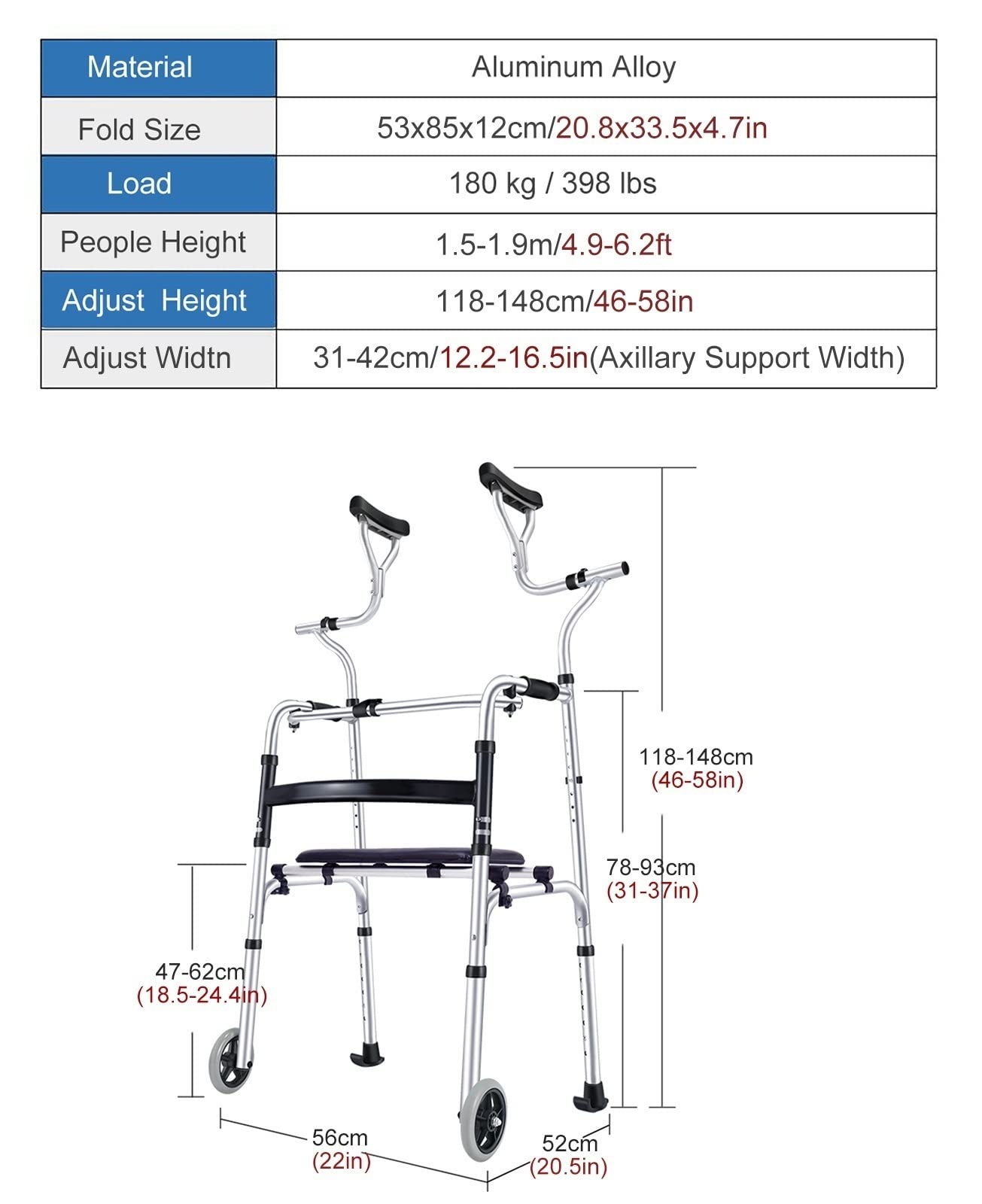 Deambulatore Rollator Deambulatori Verticali per Anziani con Sedile E Supporto Ascellare, Deambulatore Portatile Pieghevole/Ausilio per La Deambulazione per Persone Grandi O Disabili