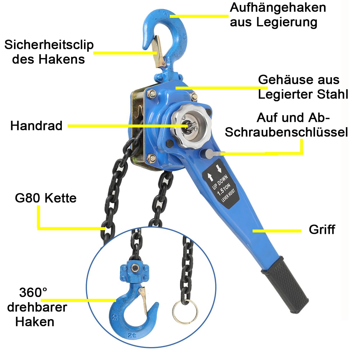 Hebelzug Kettenzug 1500kg Kapazität, Ratschenzug 3m/10ft Hubhöhe | mit 360° Drehung Haken, Flaschenzug Kranzug Kette Hebel, 1,5t Tragfähigkeit