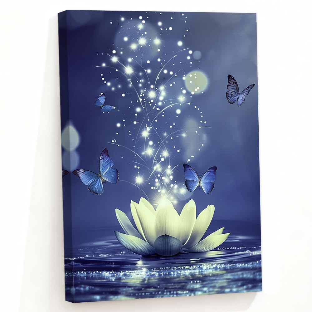 ZQQART Zen Wall Art for Bathroom Lotus Flower Blooming in Water Canvas Painting Art White Water Lily Picture Spa Meditation Prints Art Framed(Purple,28.00" x 42.00")