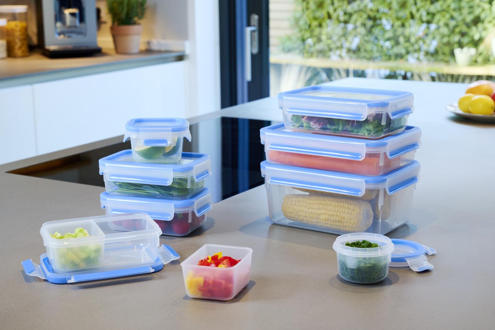 EMSA Clip & Close N10317 Food Storage Container Set, 9-Piece Set, Sizes: 0.15/0.2/2 x 0.55/0.55 inserts/0.8/1.2/2.2 L, 100% Airtight and Hygienic,