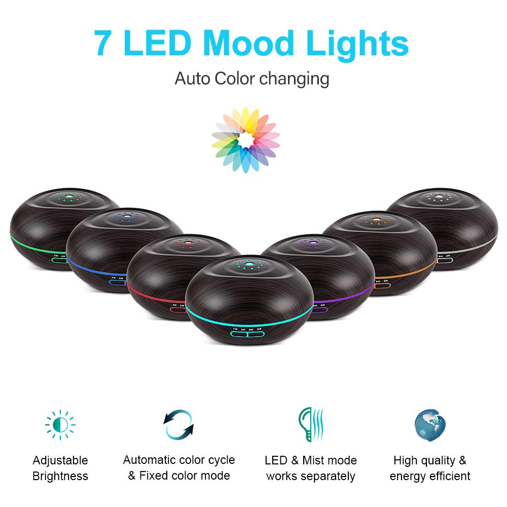 Essential Oil Air Mist Diffuser - 500ML Quiet Aroma Essential Oil Diffuser with Adjustable Cool Mist Humidifier Mode Waterless Auto-off 7 Color LED Lights Changing for Office Home Bedroom Living Room
