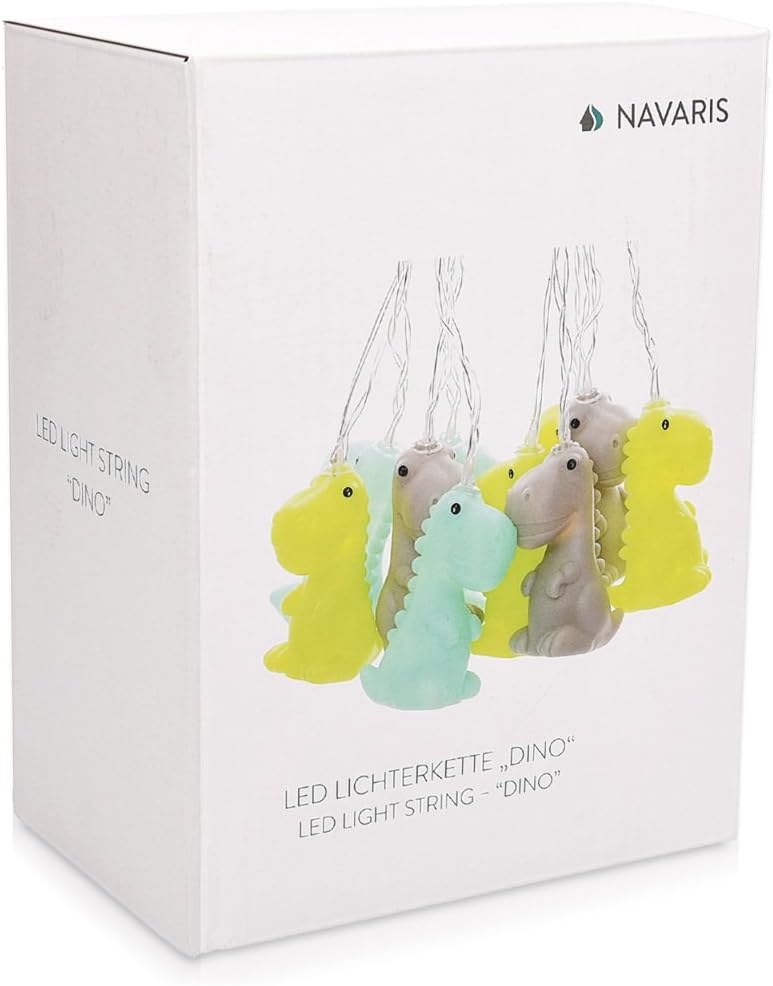 Navaris Battery Powered String Lights - 6.5ft Decorative LED String with 10 Lights - for Bedroom, Room Decor, Kids - Dinosaur Design - Green/Blue/Gray