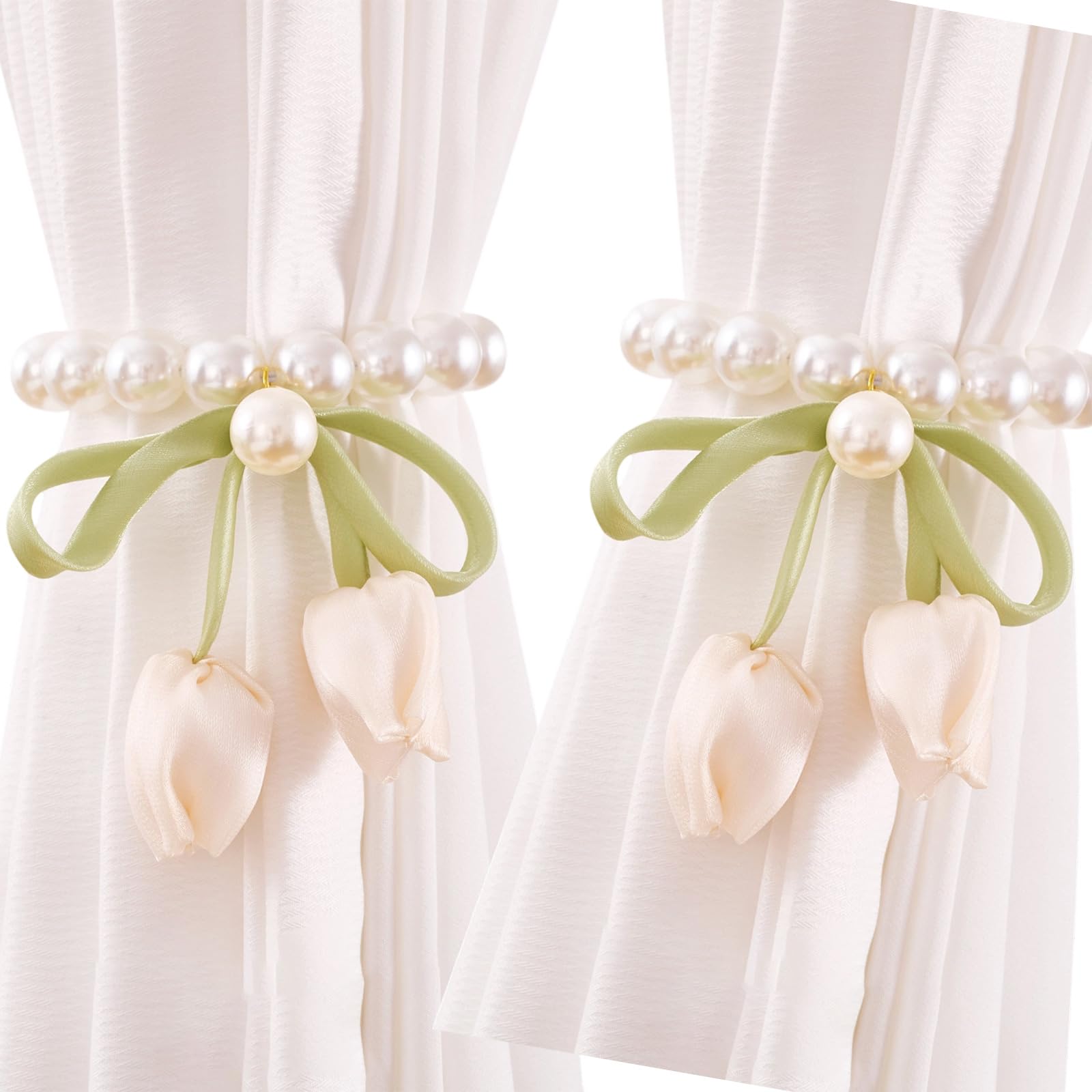 hogtnd 2 Pieces Magnetic Closure Curtain Holdbacks Tulip Bow Beads Beads Window Curtain Tiebacks for Living Room Bedroom Elegant Curtain Holdback