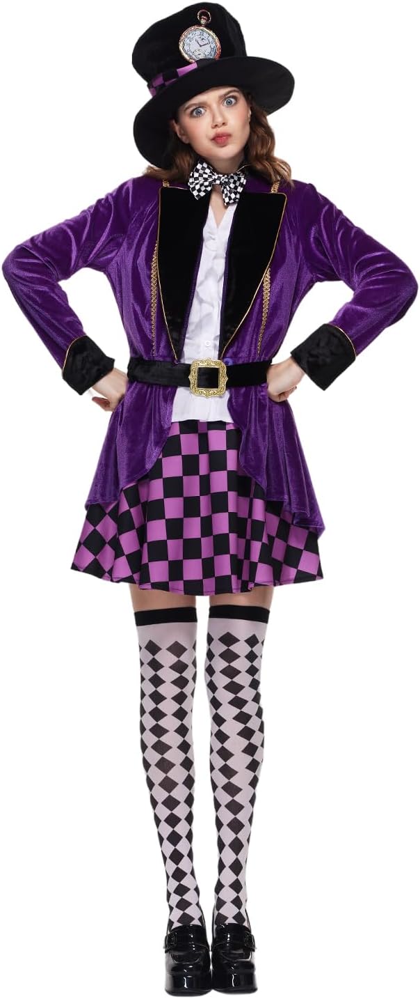 EraSpooky Adult Women Hatter Costume Mad Tea Party Purple Halloween Fancy Dress 6 Pc Set with Accessories - Image 2