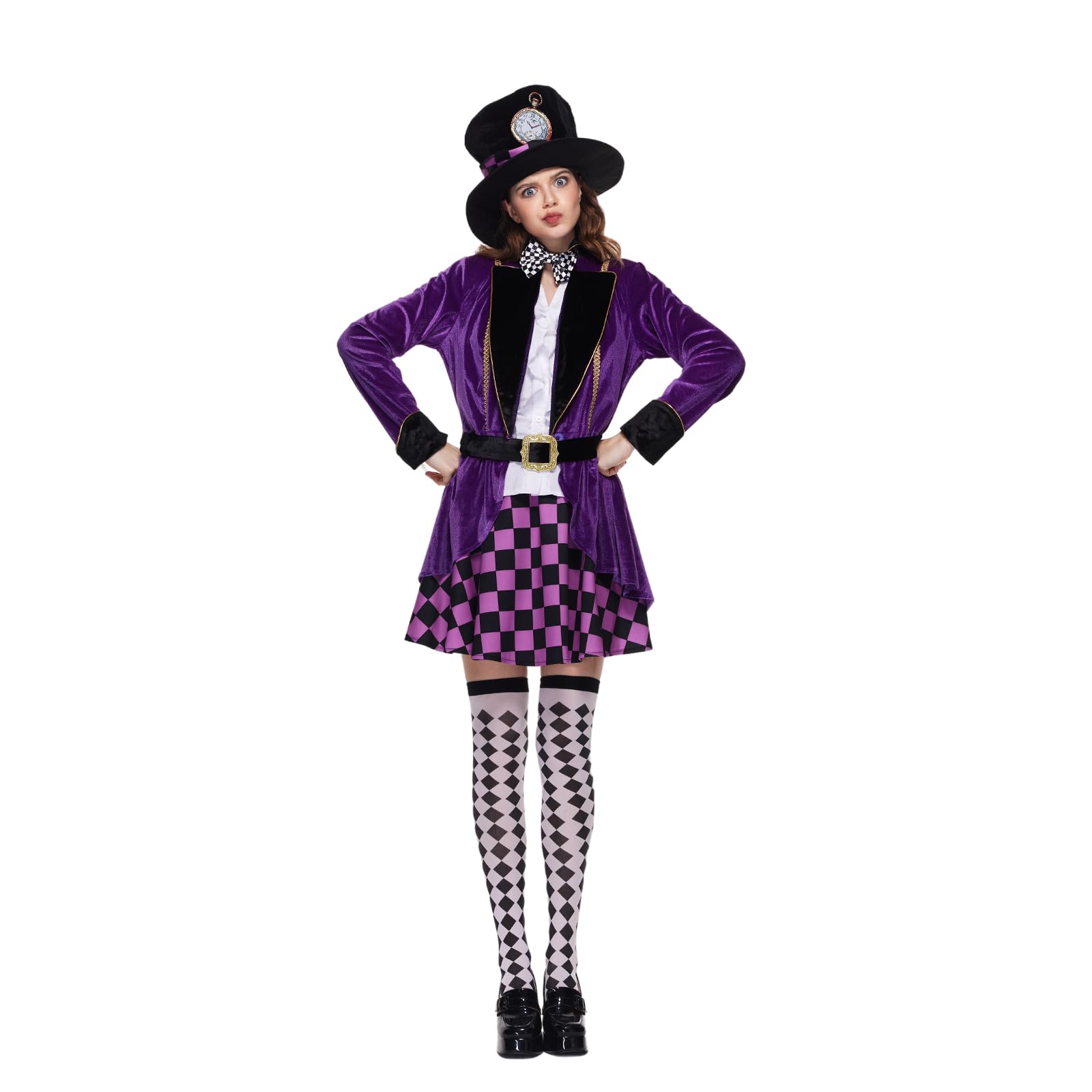 EraSpooky Adult Women Hatter Costume Mad Tea Party Purple Halloween Fancy Dress 6 Pc Set including Accessories Size S - Image 2