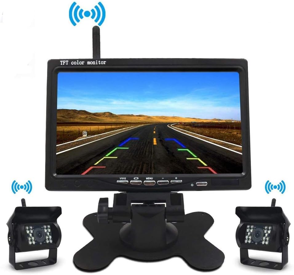 12V/24V Wireless Backup Camera Monitor Kit 2 Reversing Cameras Ir Night Vision Waterproof+7'' HD Rear View Car Monitor Vehicle Parking Assistance System for RV Truck Trailer Bus