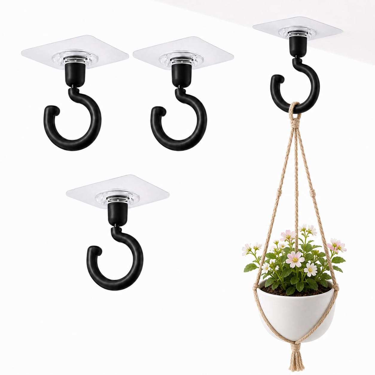 bruvs 360° rotating adhesive hook for wall & ceiling | self adhesive hanging hook without drilling | heavy duty storage hook for bathroom kitchen home organizer | black colour - pack of 4