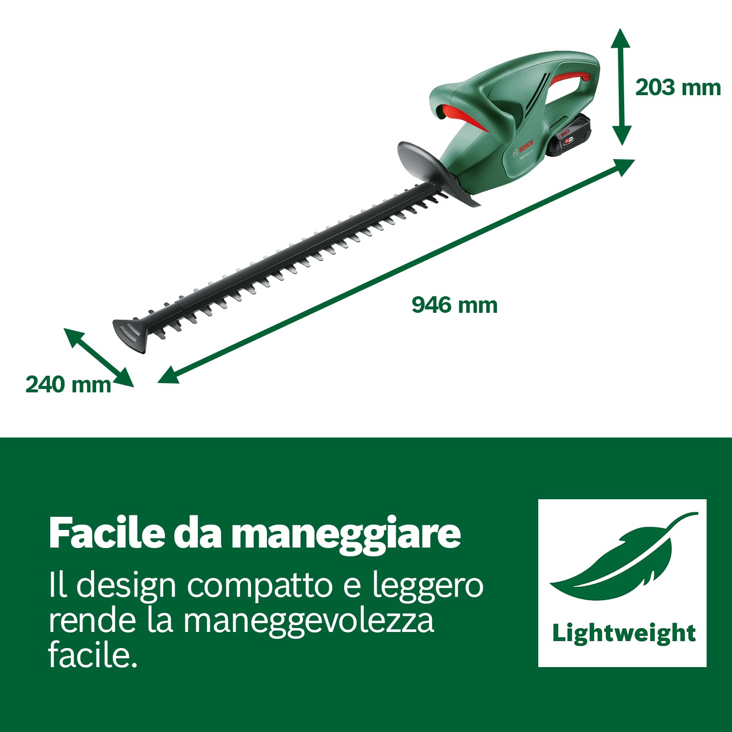 Bosch Home and Garden Tagliasiepi a Batteria EasyHedgeCut 18-45, 1 Batteria da 2.0 Ah, Sistema da 18 Volt, Lama da 45 cm, Confezione in Cartone
