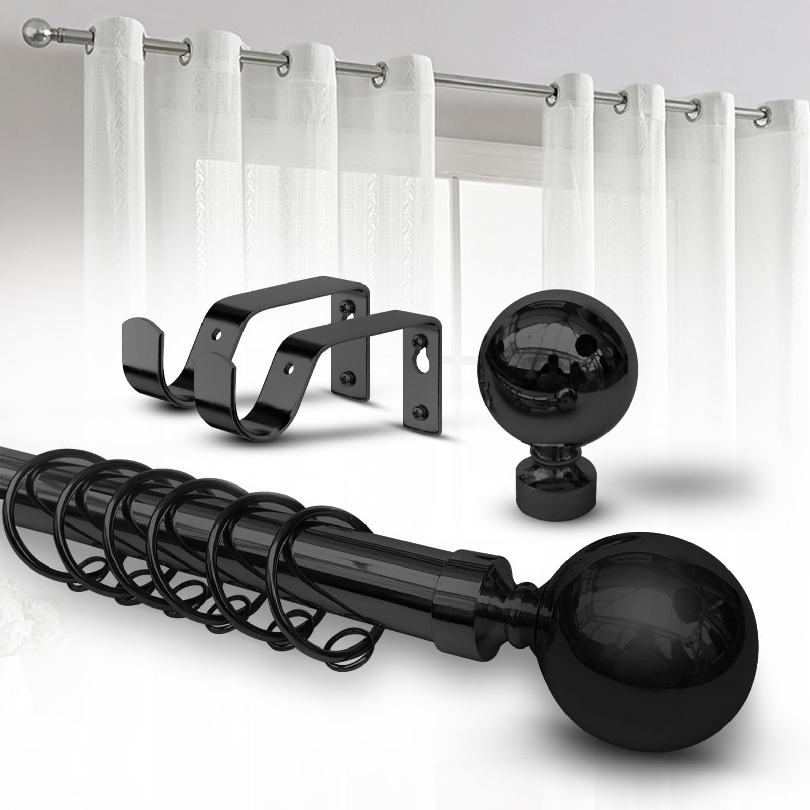 Imperial Rooms Plain Metal Ball Curtain Poles Metal Extendable - Includes Curtain Rod, 60mm Size Finials, Rings, Brackets & Fittings Set (Matte Black, 120-210 Cm, 48 Inches to 83 Inches)