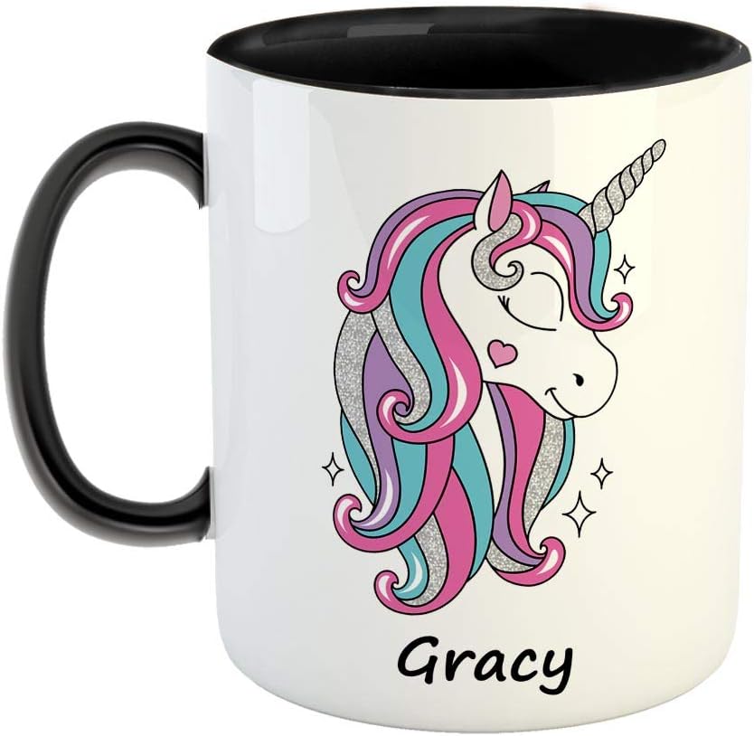 FurnishFantasy Unicorn Ceramic Coffee Mug - Best Happy Birthday Gift for Daughter, Sister, Gift for Kids, Return Gift - Color - Black, Name - Gracy