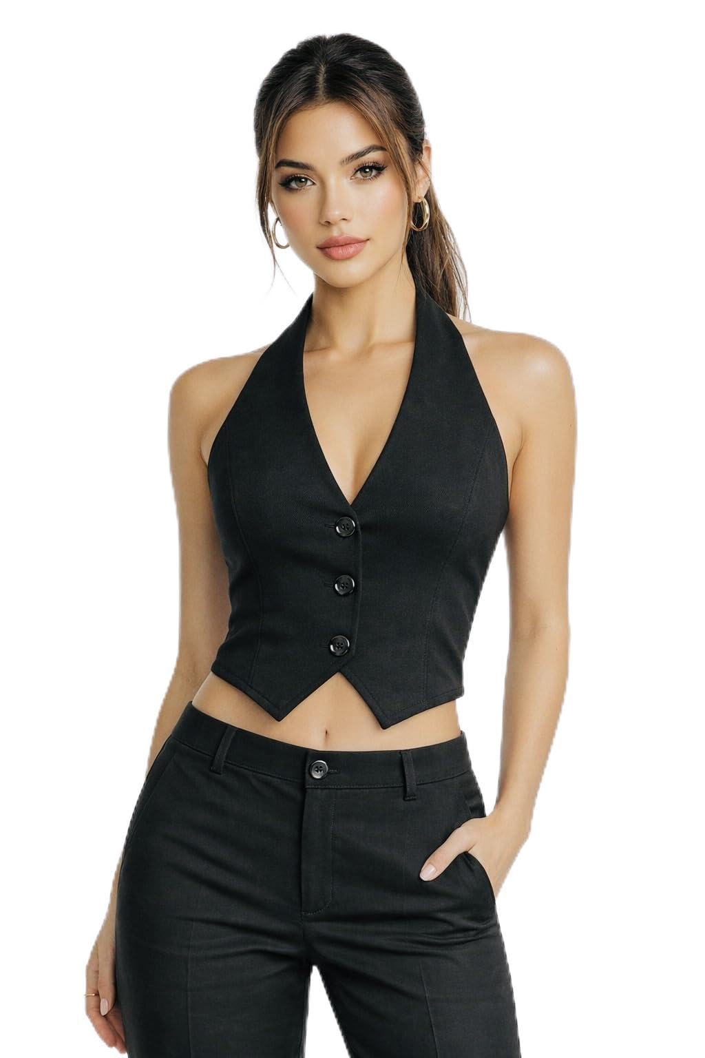 lahazat Women's Halter V Neck Crop Vest Top, Sleeveless, Backless Design, Button Front, Cotton, Regular Fit-picture-36