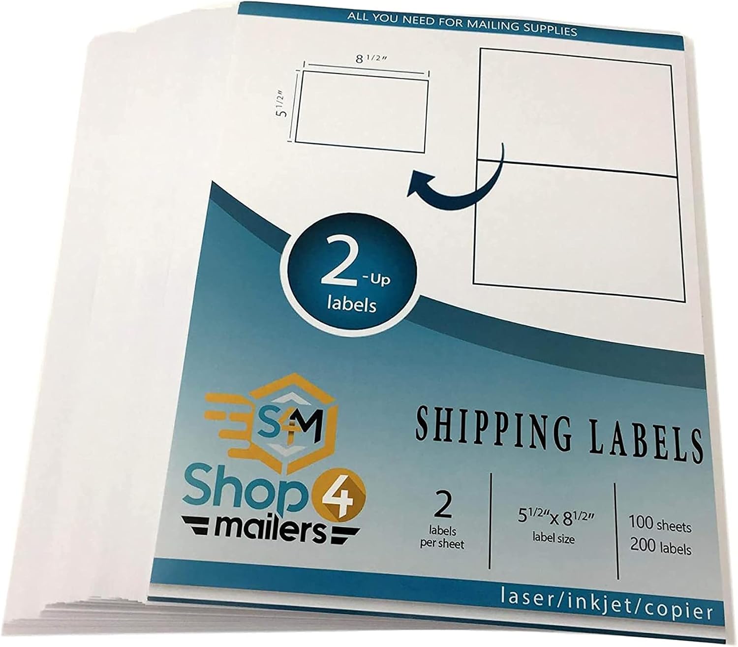 Shop4Mailers 2-Up White Permanent Self Adhesive Shipping Labels 5 ½” x 8 1/2” Easy Peel Stickers for Laser & Inkjet Printers - 100 Sheets - 200 Count Labels