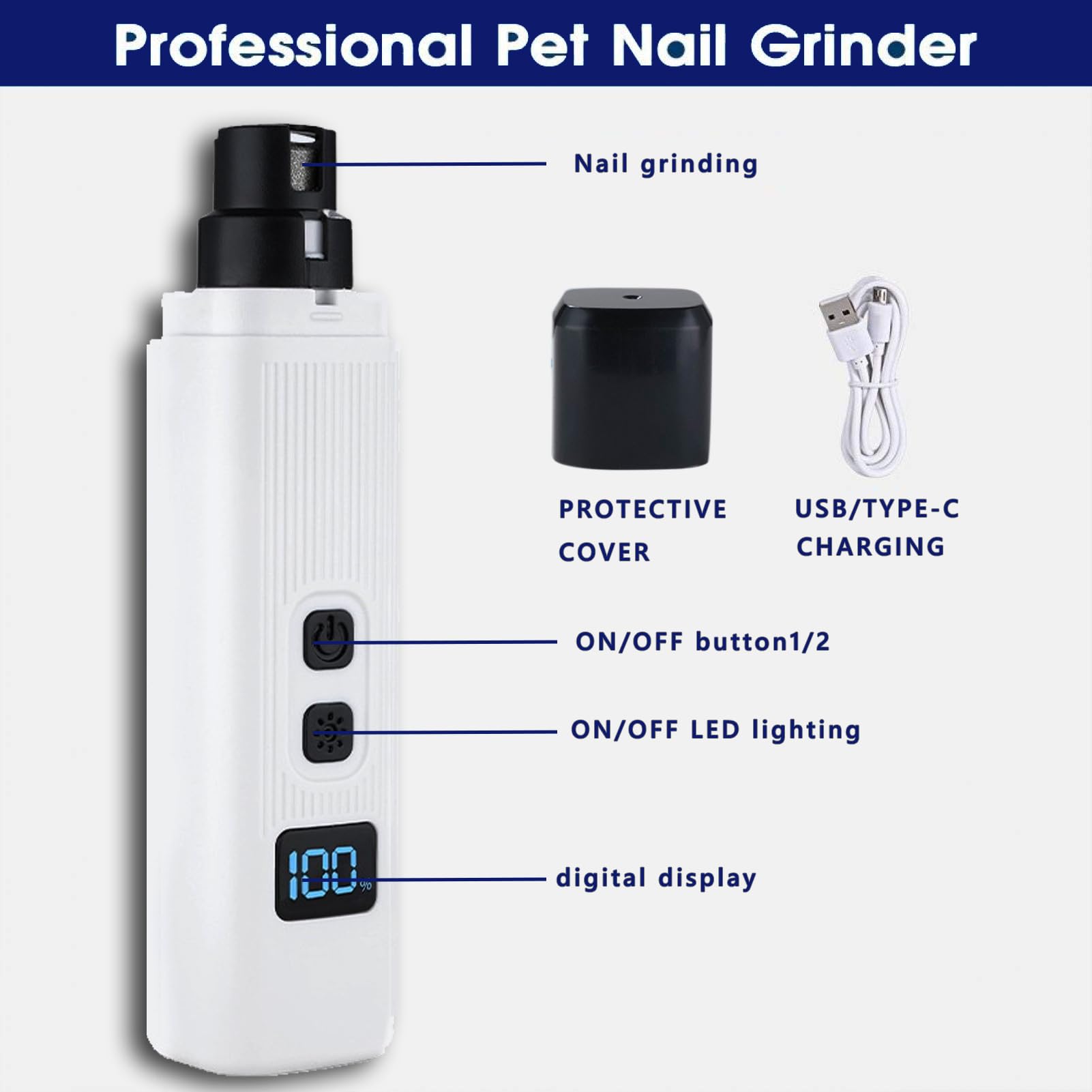 Dog Nail Grinder, Electric Pet Nail Grinder with 2 Speed Digital USB Rechargeable Dog Nail Trimmer Nail Claw Clippers with LED Lighting Quiet Paws Grooming for Large Medium Small Dogs Pet - image 4