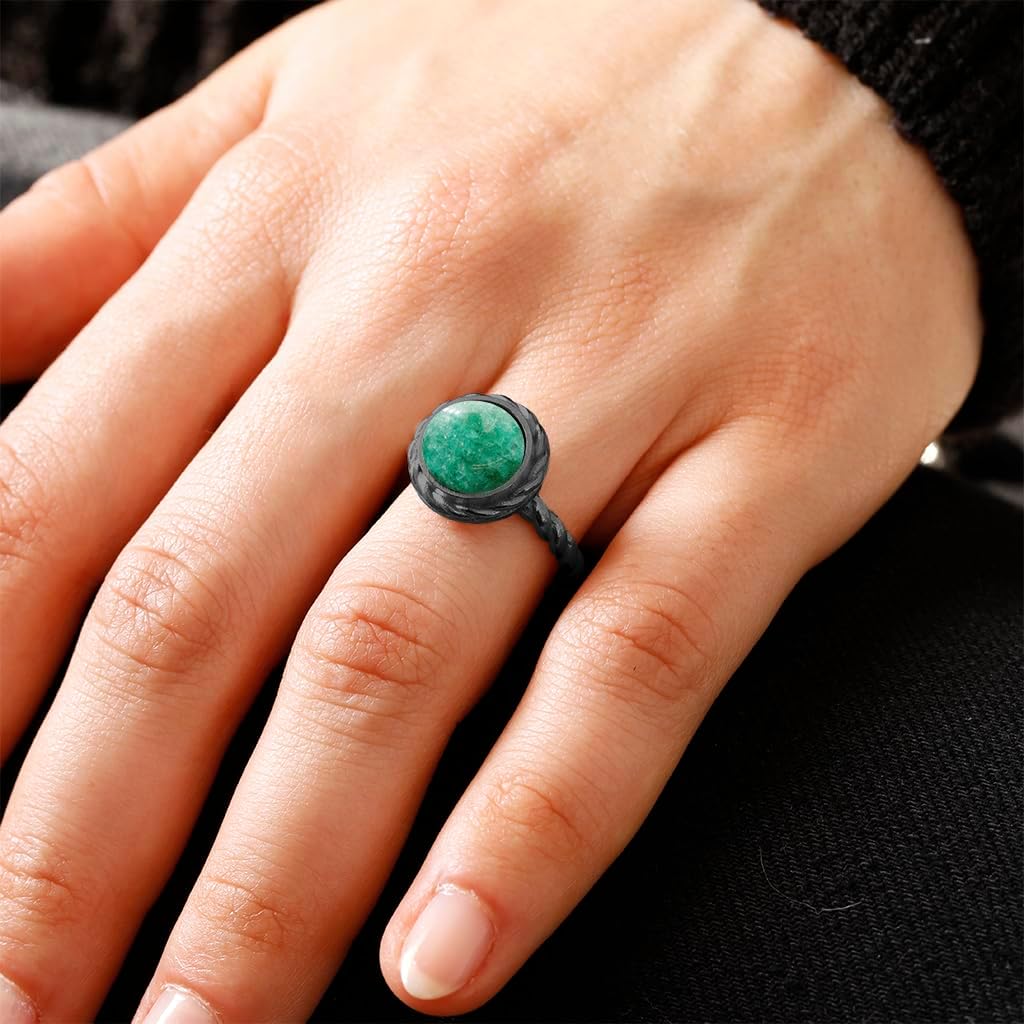 925 Sterling Silver Round Gemstone Ring for Women | Black Oxidized Handmade Bezel Set Natural Stone Jewelry | Twisted Frame Statement Design | Chakra Crystal Gift for Her | Elegant Everyday Ring