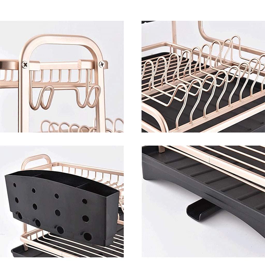 Dish Drainer Rack Dish Drying Rack Aluminum Dish Drying Rack with Removable Cutlery Holder Kitchen Dish Storage Rack,Golden 2-Tier