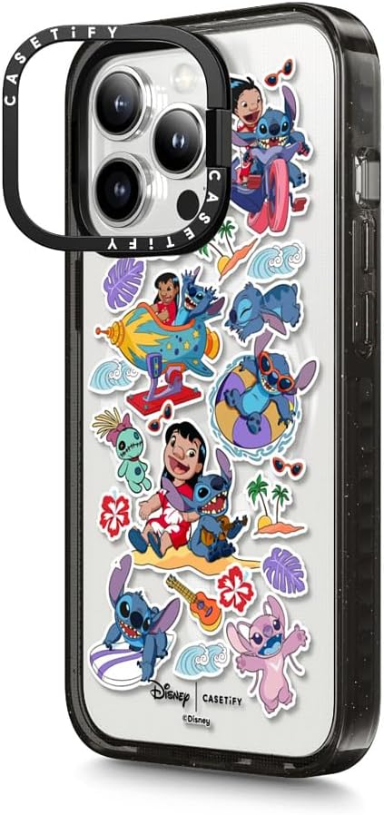 CASETiFY Impact Ring Stand iPhone 13 Pro Case [Lilo & Stitch Colab / 6.6 ft. 3X Military Grade Drop Protection/Magsafe] - Lilo & Stitch Sticker - Clear Black