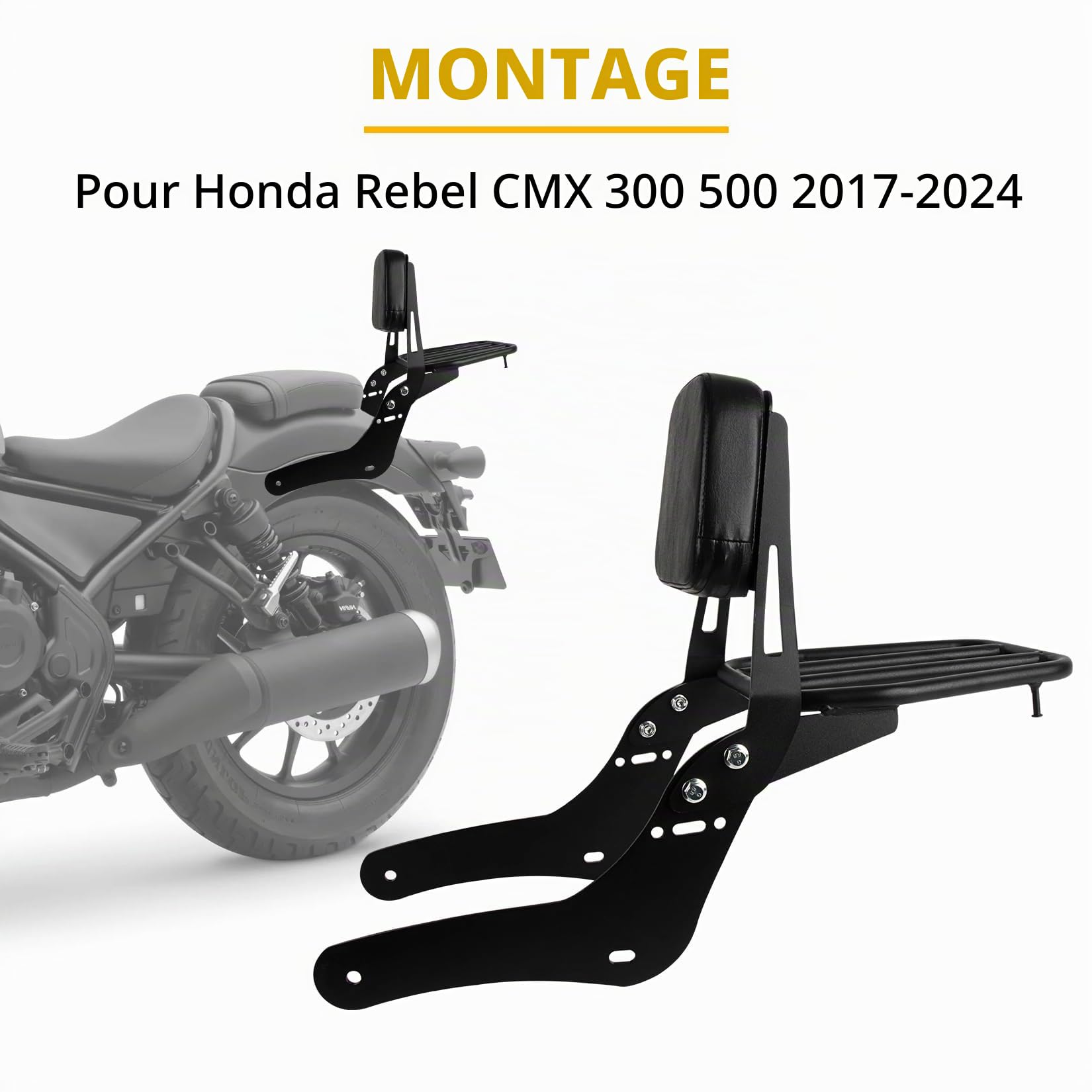 Coussin de Siège de Dossier Arrière de Moto avec Porte-bagages pour Rebel CMX500 CMX300 2017-2025, PSLER Dossier Passager Sissy Bar