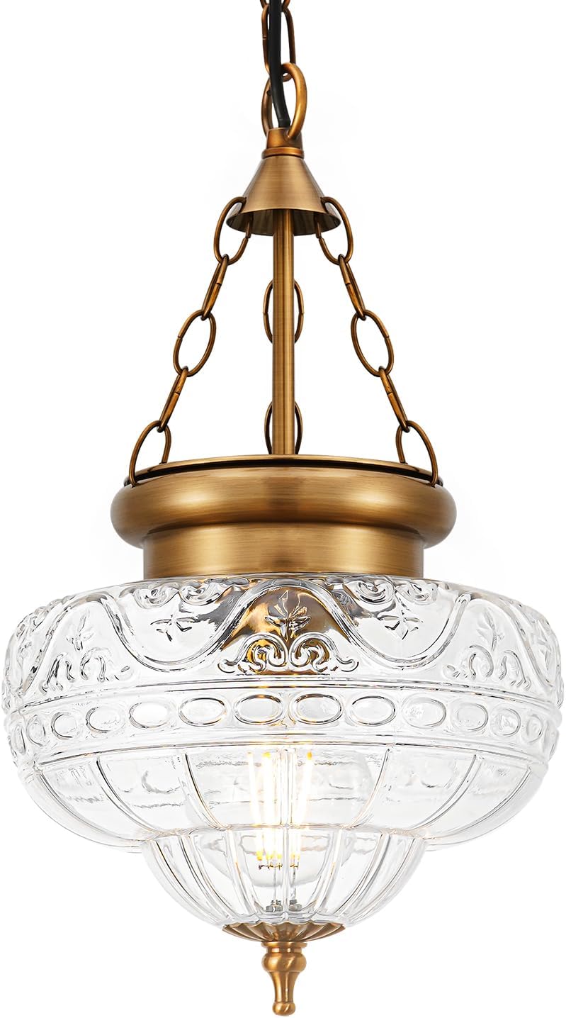 Vintage Pendant Light - Bronze Gold Pendant Lights Kitchen Island with Handblown Floral Glass, Large Lighting Fixtures with Adjustable Hanging Chain for Kitchen, Island, Dining Room, Entryway 16.14 inch Gold