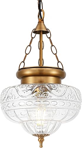 Lámpara colgante vintage  Luces colgantes de bronce dorado para isla de cocina con vidrio floral soplado a mano, accesorios de iluminación grandes