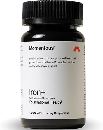 Momentous Iron+ with Vitamin C & Vitamin B Complex - Ferrochel Iron Capsules for Foundational Health Support - NSF Certified for Sport - Gluten-Free - 60 Servings