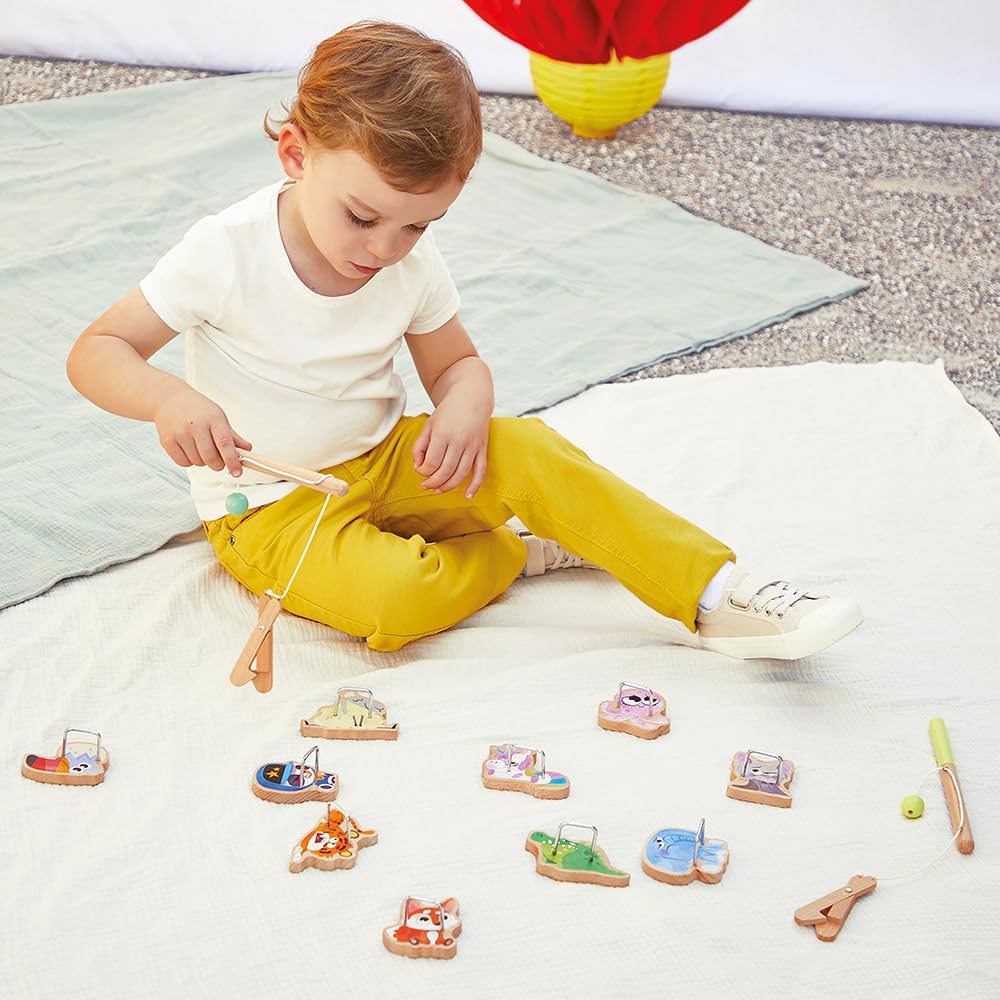Janod - Angelspiel Applepop - Geschicklichkeitsspiel für Kinder - 2 Greifer + 10 Tiere + 1 Beutel - Fördert Handgeschicklichkeit und Konzentration - Spielzeug aus FSC-Holz - Ab 3 Jahre, J03352