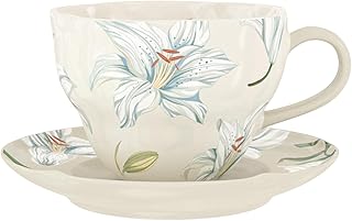 KASTWAVE 250ml Ceramic Tea Cup and Saucer Set, Floral Design Tea Cup for Office & Home, Dishwasher & Microwave Safe, Ideal for Cappuccino, Latte, Espresso & Americano (8.45oz)
