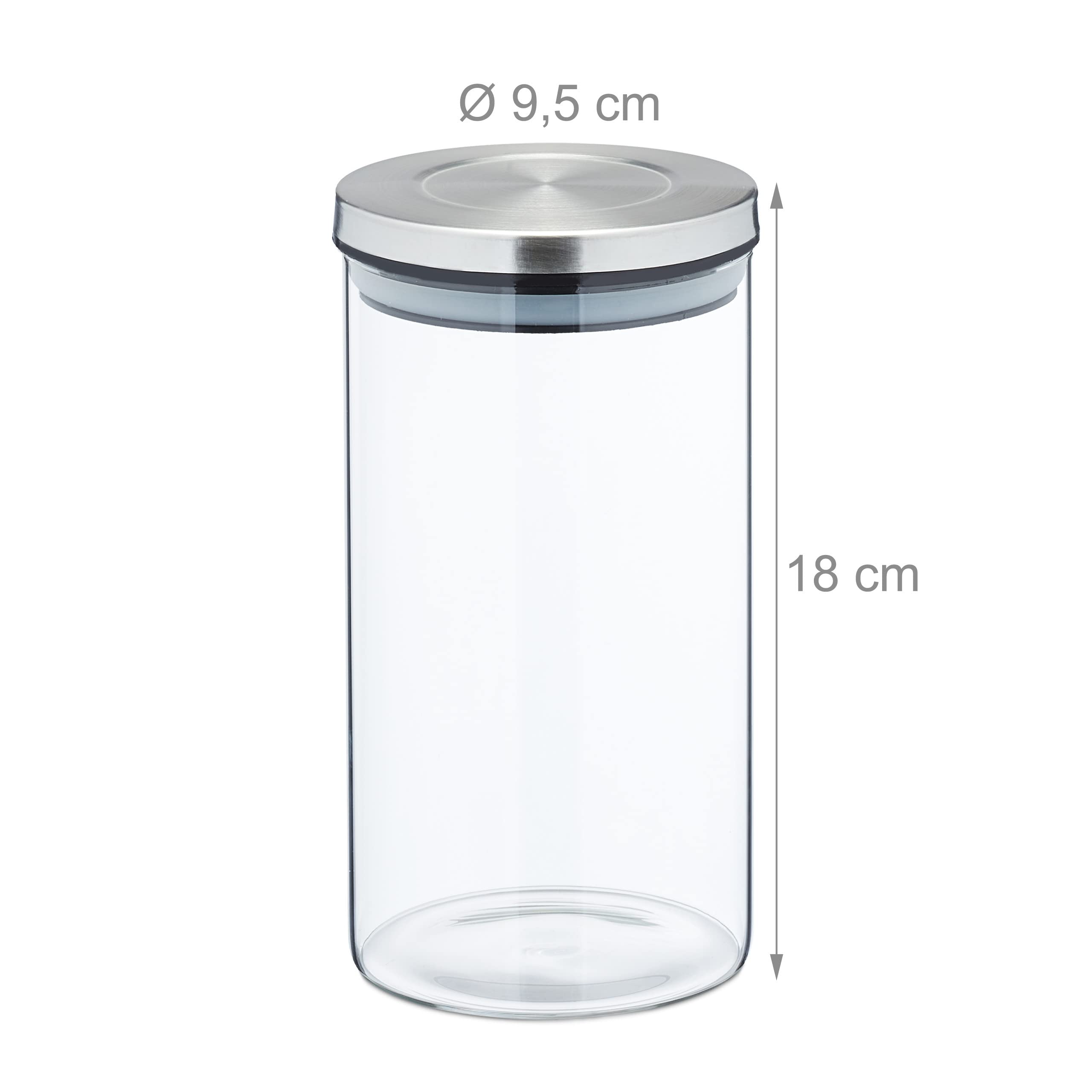 Relaxdays Set da 4 Barattoli per Alimenti, Recipienti in Vetro con Coperchio Acciaio Inox 1000 ml, Trasparente Argentato