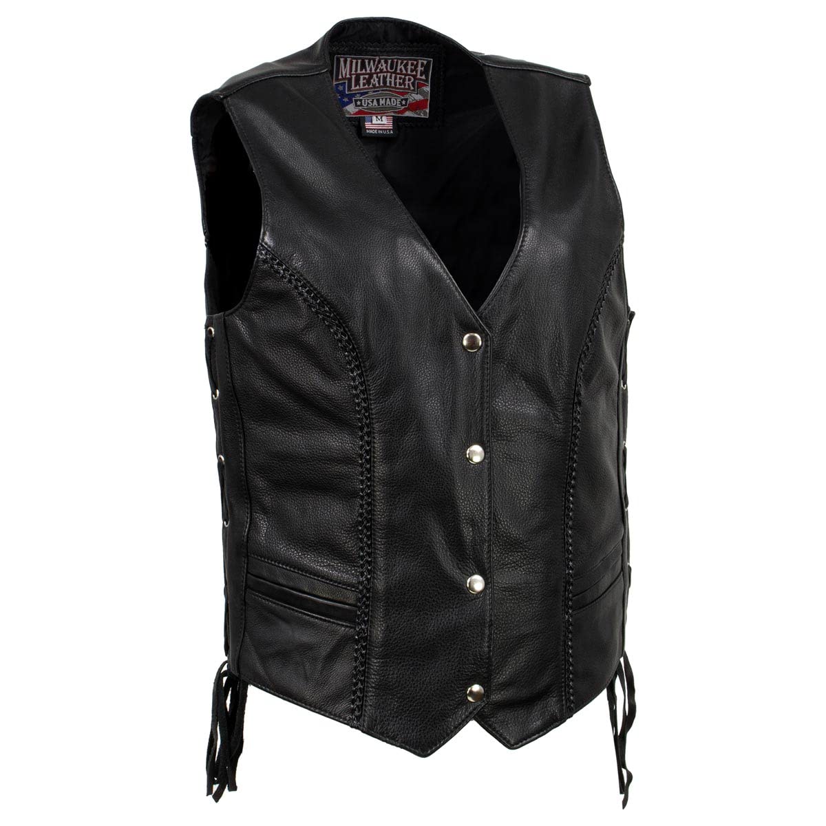 Milwaukee Leather USA MADE MLVSL5001 Women's Black Vivacious Braided Motorcycle Leather Vest - Large