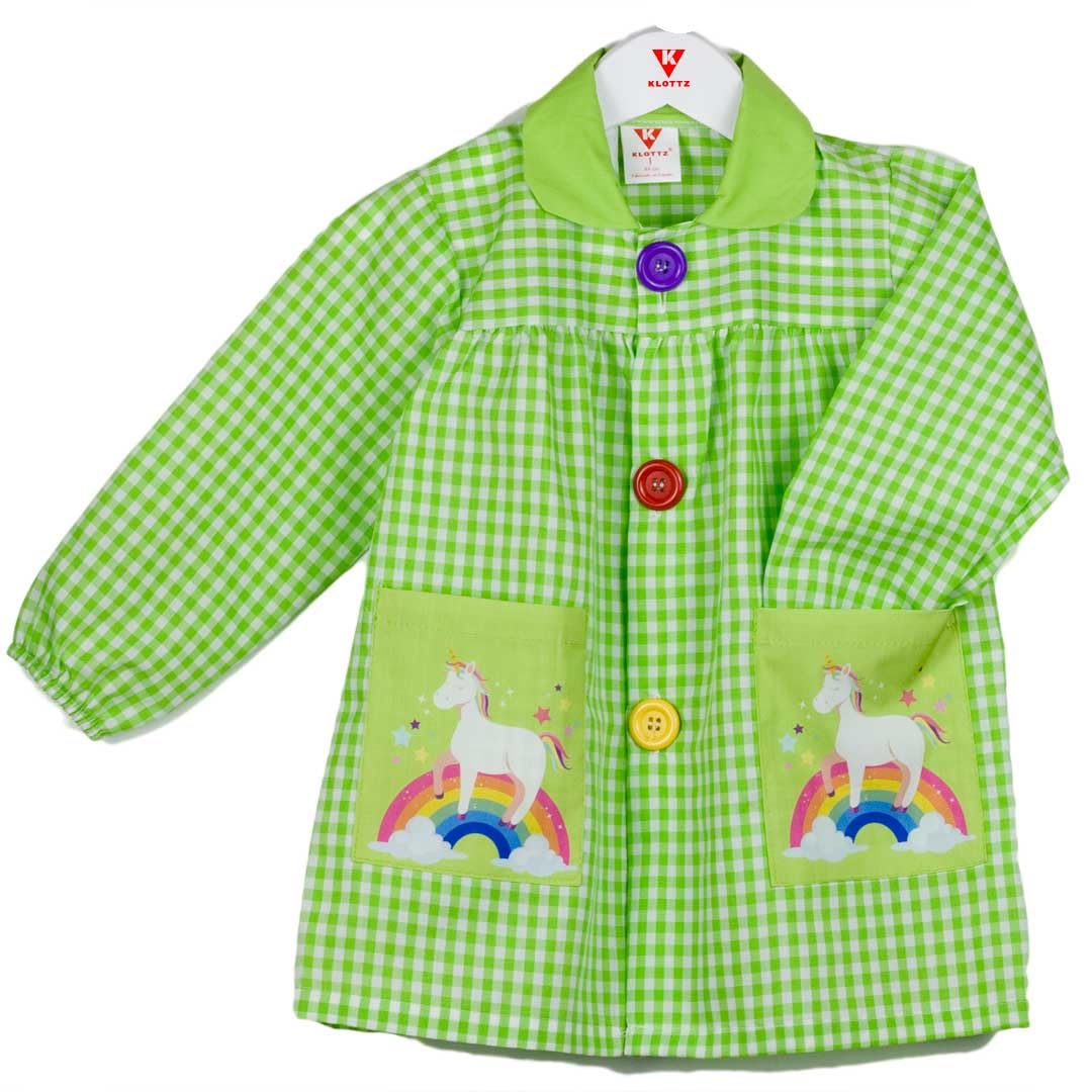 Grembiule a quadretti per bambini con unicorno su arcobaleno Per la scuola e i lavori manuali.