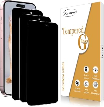 3 Pack Privacy Screen Protector for iPhone 16 Private Anti Spy 6.1 inch Tempered Glass Film, 9H Hardness, Anti Scratch, Ultra Resistant, Bubble Free, Case Friendly, Easy Installation