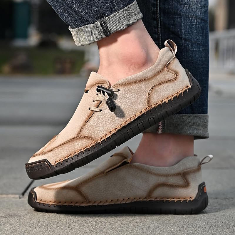 Men's Leather Hand Stitching Lace-Up Loafers Lightweight Breathable Round Toe Slip-On Flat Chukka Oxfords Driving Walking Shoes4