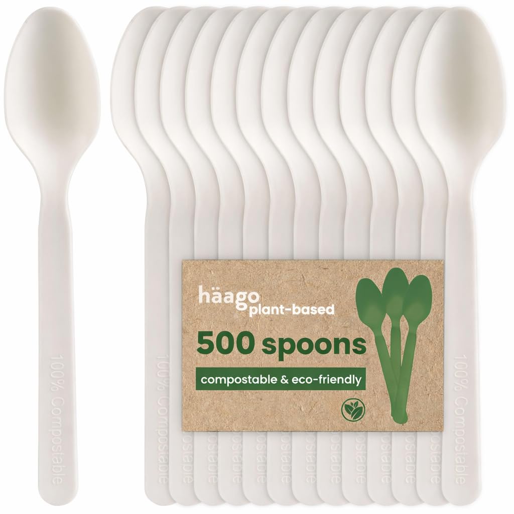 HAAGO 500 Spoons Cutlery Set, White (16cm / 6") – Eco-Friendly, Biodegradable & Compostable – Reusable, Heavy-Duty, 100% Natural Utensils for Hot & Cold Food – Plant-Based, BPA-Free & Dishwasher Safe