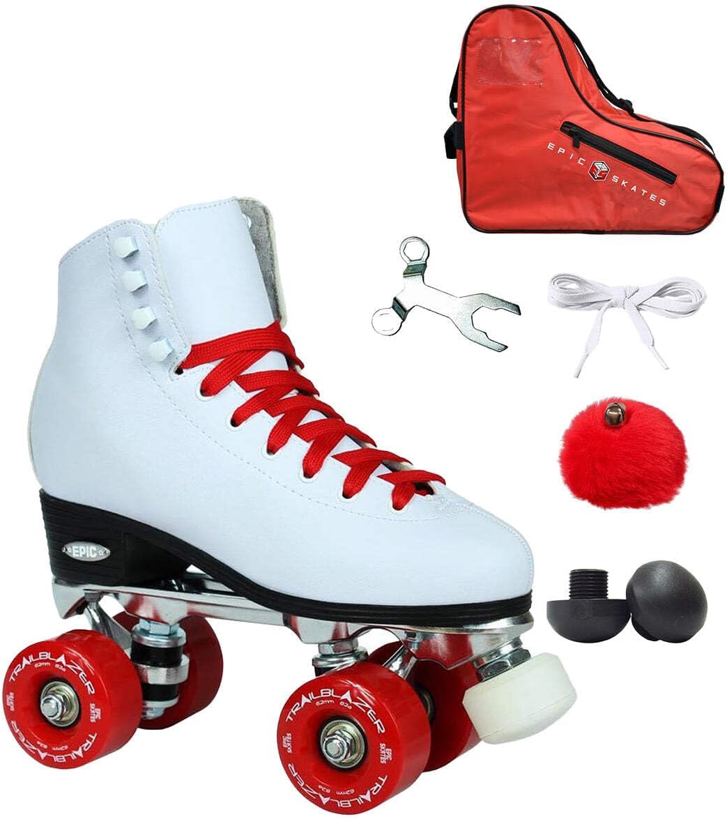 Epic Skates Epic White and Red Classic High-Top Quad Roller Skate Bundle with Bag, Laces, and Pompoms 7