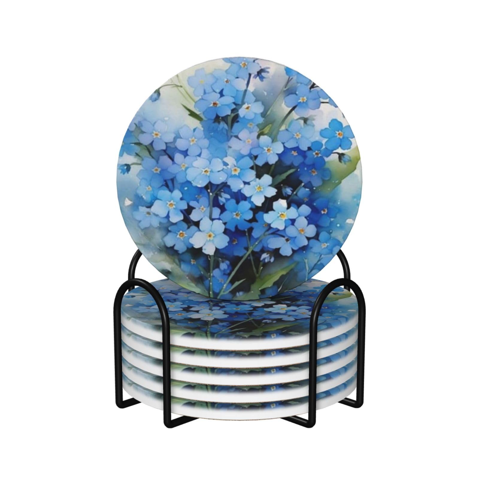 Yxdvpalne As Picture Watercolor Forget Me Not Flowers,Round Ceramic Coasters, Mugs Pad, Cups Mat Set Of 6 Drinks Coasters With Holder