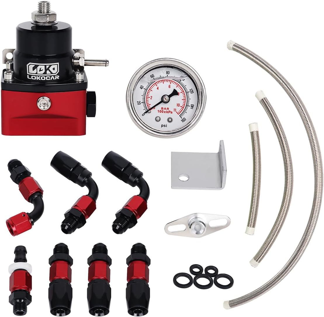LokoCar Adjustable Fuel Pressure Regulator Kit Oil 20-80psi Gauge 6AN Return Adjustable Red