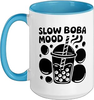 Sloth Drinking Taro Boba Bubble Milk Tea Kawaii Cute Ceramic Mug, Blue/White, 15oz