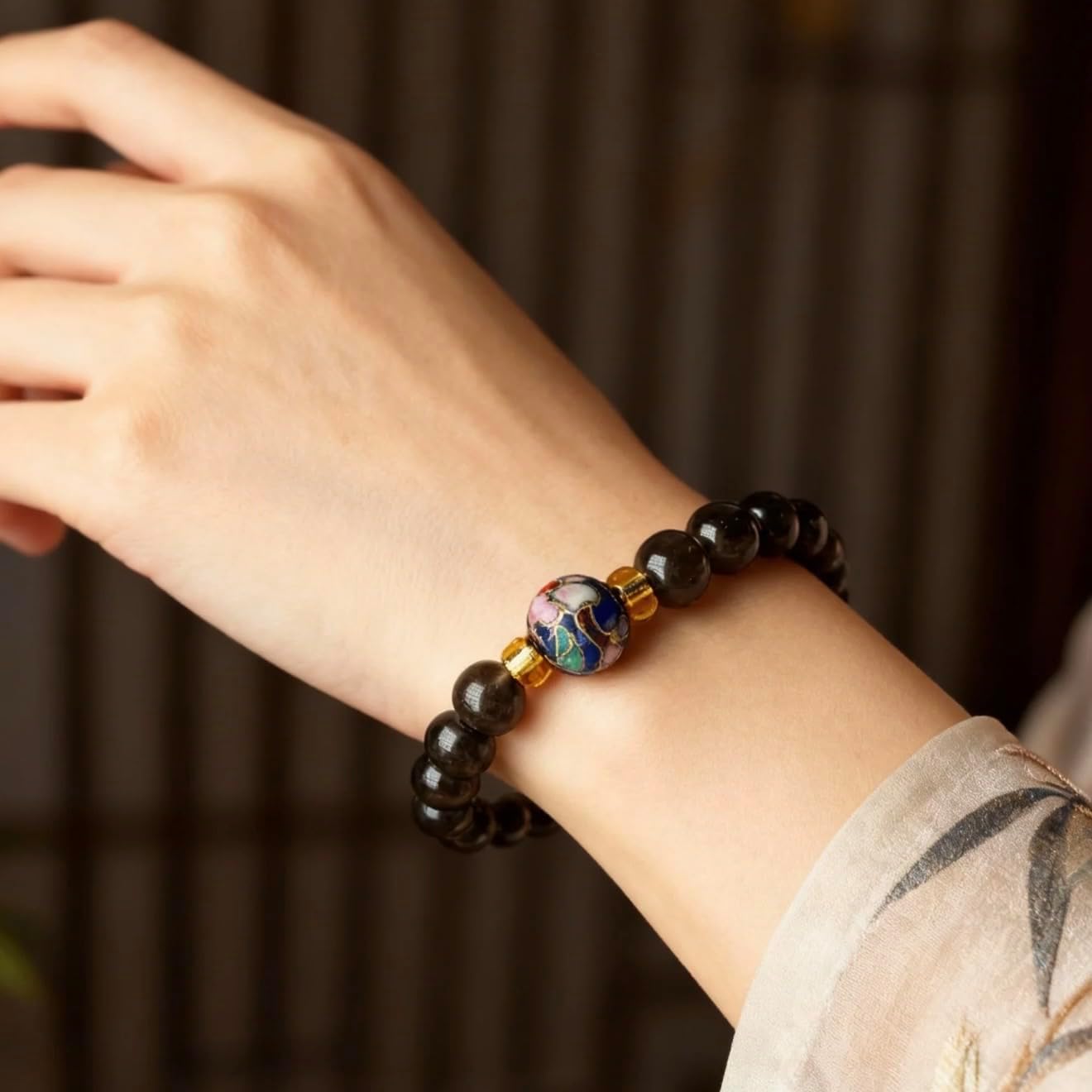 Black Obsidian Bracelet for Women, 8mm Natural Obsidian Beads with Handmade Cloisonné Enamel Accent, Gift-Ready Healing Crystal Bracelet for Protection & Positive Energy - Image 5