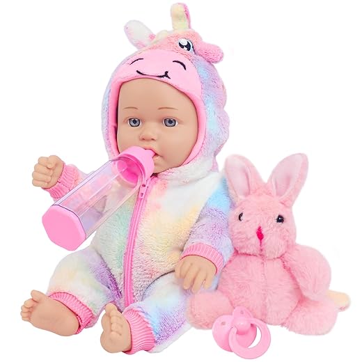 ZITA ELEMENT 12" Baby Doll with Rainbow Pony Pajamas Clothes Gift Box Set, Rabbit, Pacifier, Feeding Bottle. Toddler Age 3+ Halloween Christmas Birthday Gift