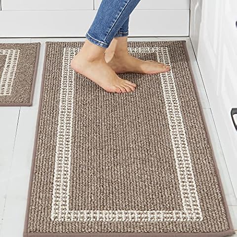 COSY HOMEER Kitchen Floor Mats[2 PCS] for in Front of Sink Super Absorbent Kitchen Rugs and Mats 48x20 Inch/30X20 Inch Non-Skid Kitchen Mat Standing Mat Washable,Polypropylene,Brown Cover