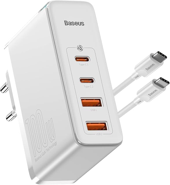 Baseus Fast Charger 100W, 4-portowa ładowarka PD PPS z funkcją GaN Tech, kompatybilna z MacBook Pro/Air Laptop, iPhone 15/14/13, iPad Pro, Samsung Galaxy S23, SteamDeck. 2 x USB-C + 2 x USB-A