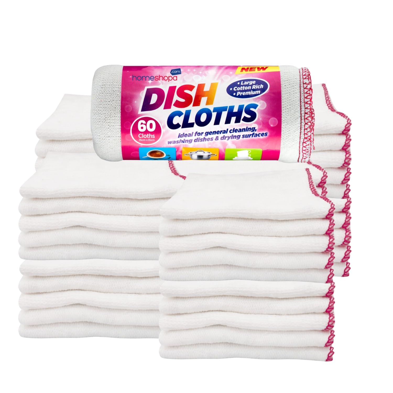 HOMESHOPA Large Dish Cleaning Cloth, 60 Pack Cotton Super Absorbent White Kitchen Washing Up Dishcloth, Extra Soft & Thick Reusable Tea Towels Washcloths, 35 X 35cm