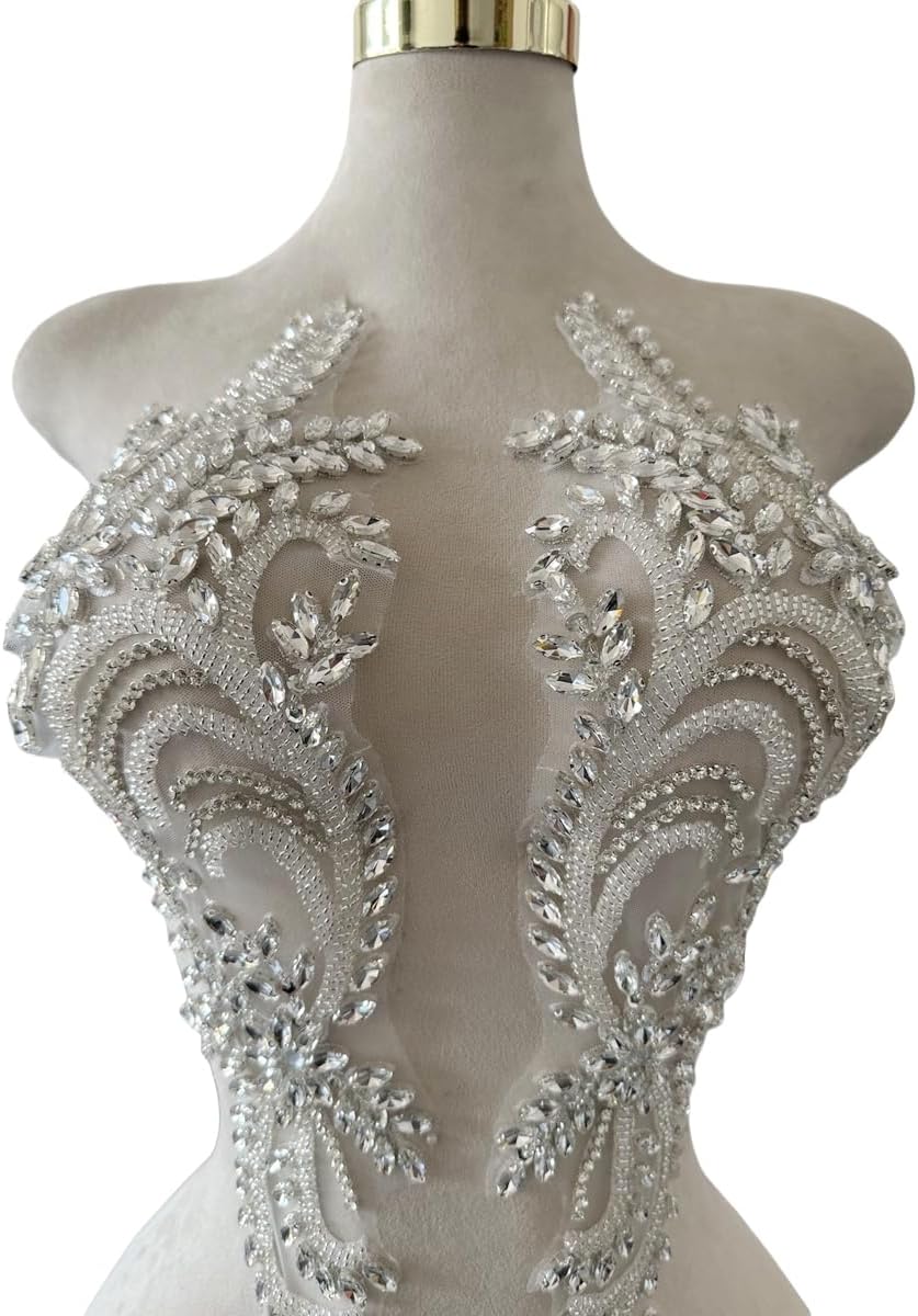Handmade Rhinestones on Lace Applique Trim Sewing Beads Sequins Trim Patches for Wedding Dress Accessories 1Pair/Bag 5.9X21inches (Silver)