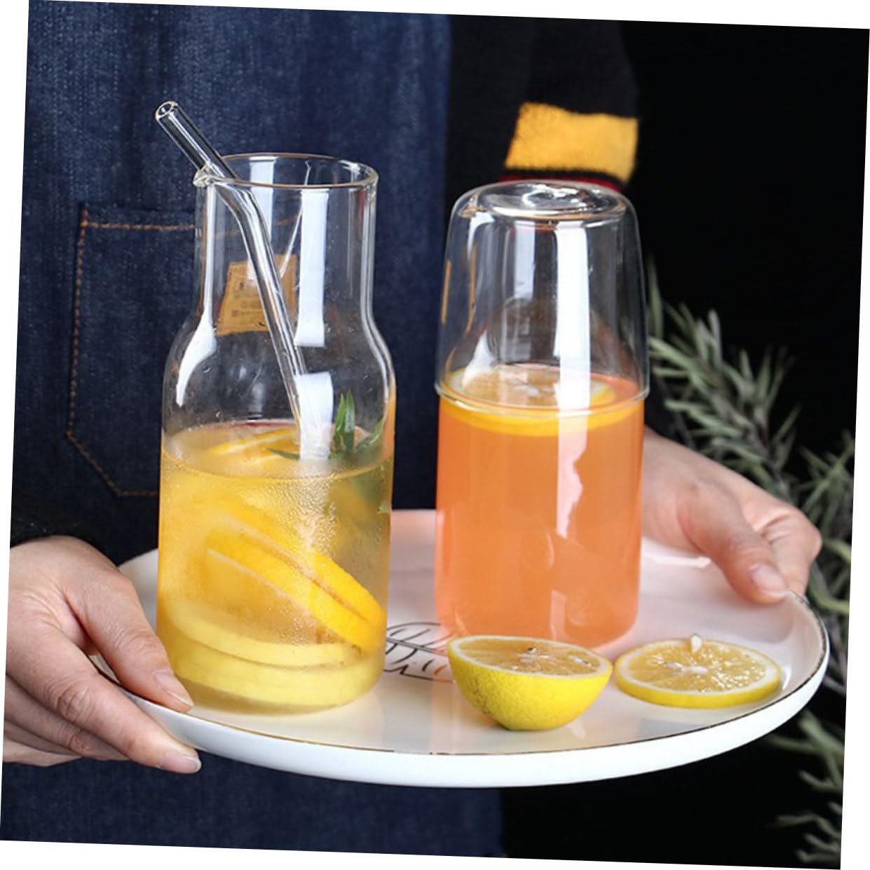 Glas Karaffe mit Becher, 2 Stück Packung Wasserkrug für Nachttisch