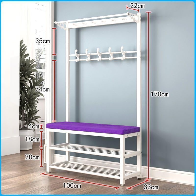 洋服ハンガーラック 洋服スタンド かばん収納 ソフトシート付きベンチ 2段シューズラック 収納ベンチ付きメタルフレーム 傘/バッグ/