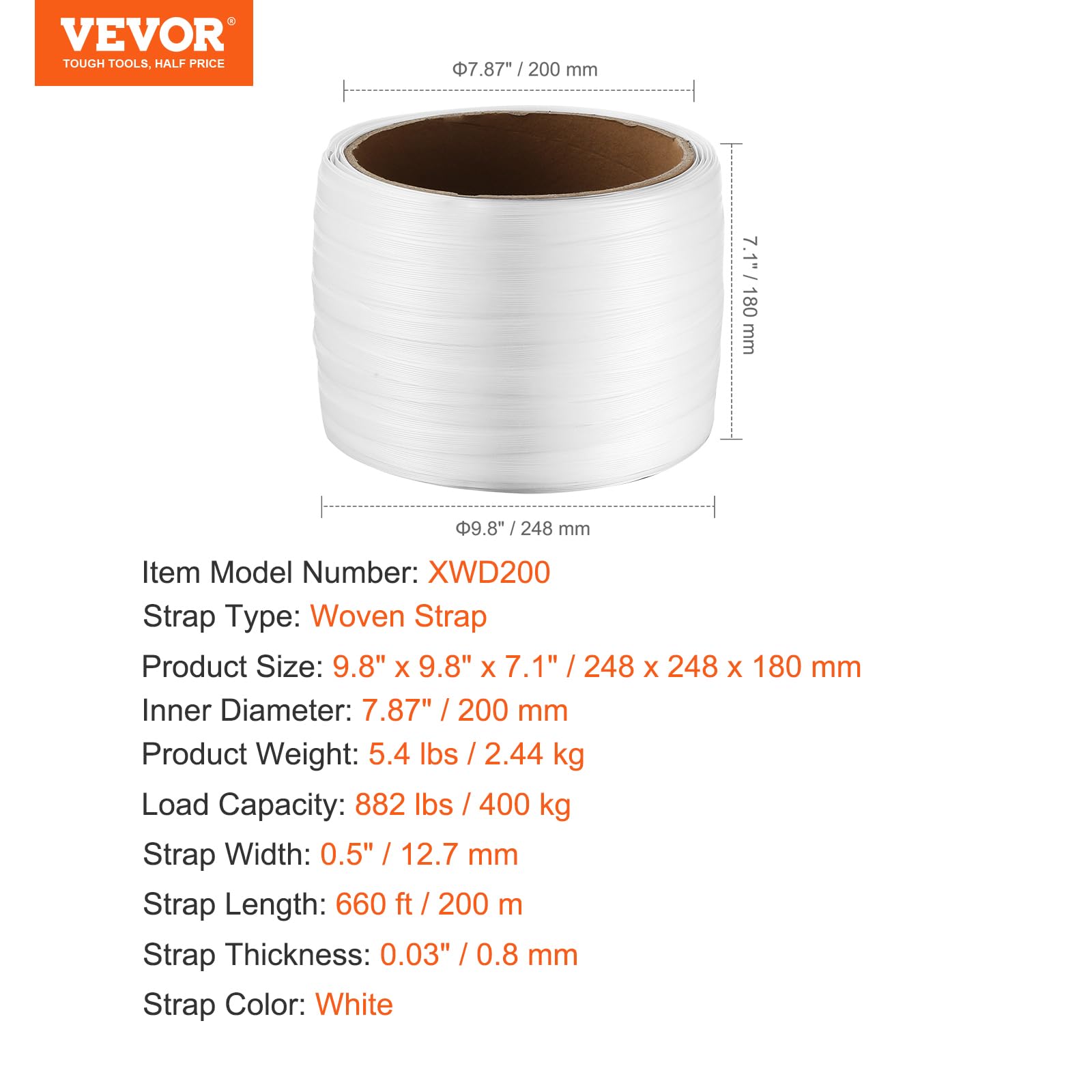 VEVOR Rollo de Fleje de Cinta Tejida para Embalaje 200m x 12,7mm x 0,8mm Carrete de Fleje Resistente para Palets Alta Resistencia de 400 kg Fleje de Embalaje Trenzado Portátil, Blanco