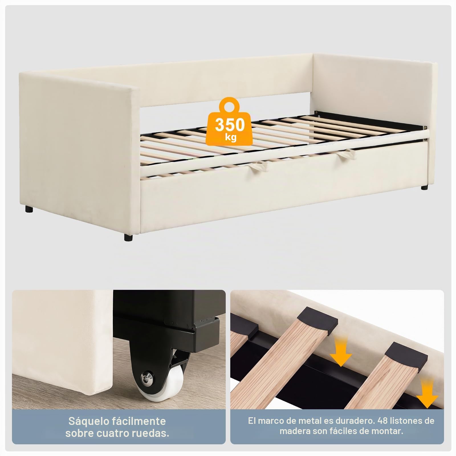 Cama de día extensible 90 x 200/180 x 200 – Sofá cama tapizada con cama plegable y somier de láminas, sofá cama doble de terciopelo beige, sin colchón
