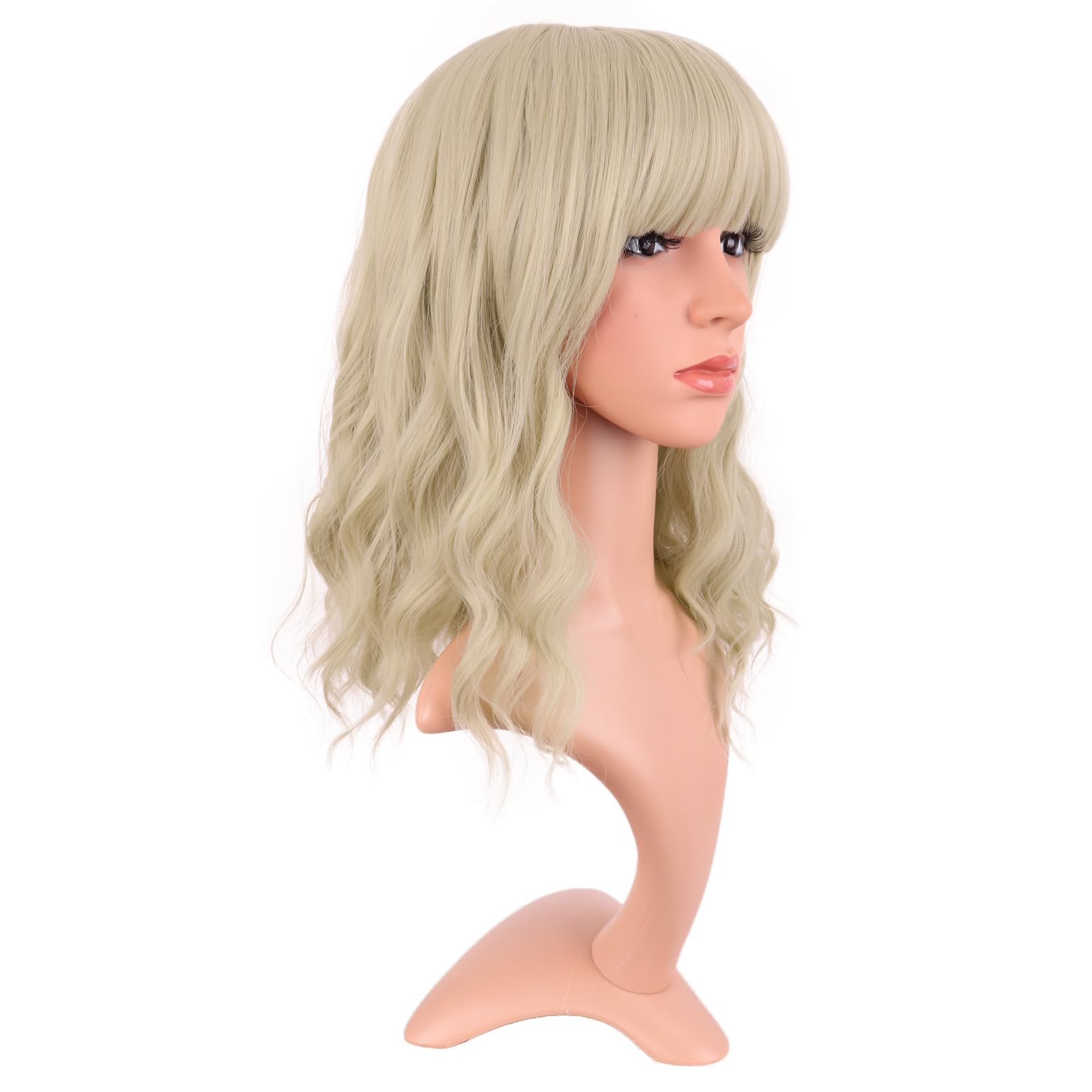 MapofBeauty 14 Inch/35 cm Short Wavy Curly Women Fresh Bright Synthetic Ordinary Flat Bangs Bob Wig (Blonde) - Image 2
