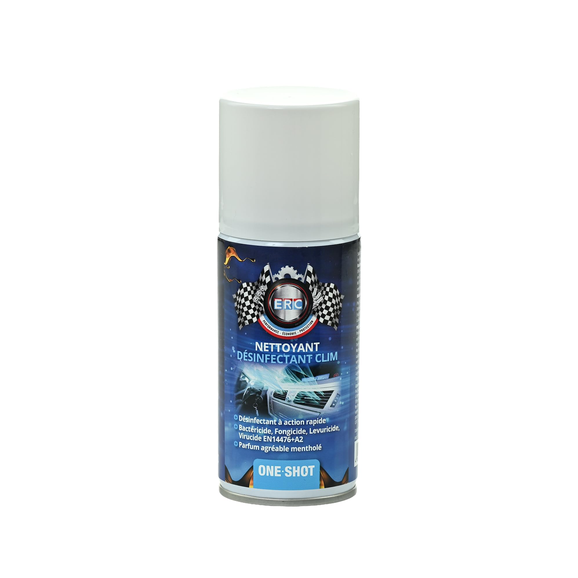 ERC | Désinfectant Clim Voiture One Shot Bactéricide Virucide | Élimine Bactéries, Moisissures, Champignons en 15 min | Diffusion Automatique Spray Mentholé | Norme EN14476 Fongicide | 150 ml