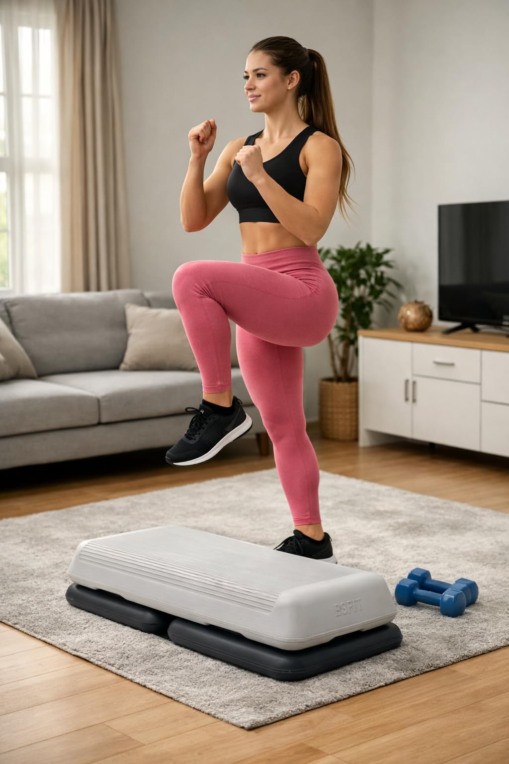 Step Aerobic Profesional - Altura Ajustable 11cm/16cm/21cm - Plataforma de Fitness para Casa y Gimnasio - Fabricado en España - Superficie Antideslizante (Step Profesional + 4 Elevadores)